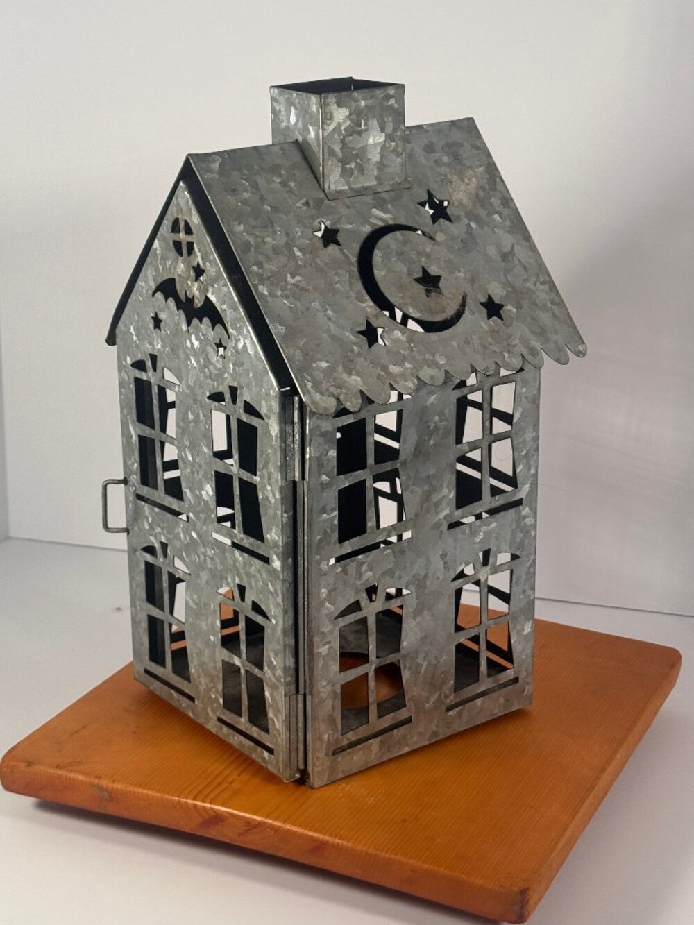 Rustic galvanized metal Halloween haunted house lantern